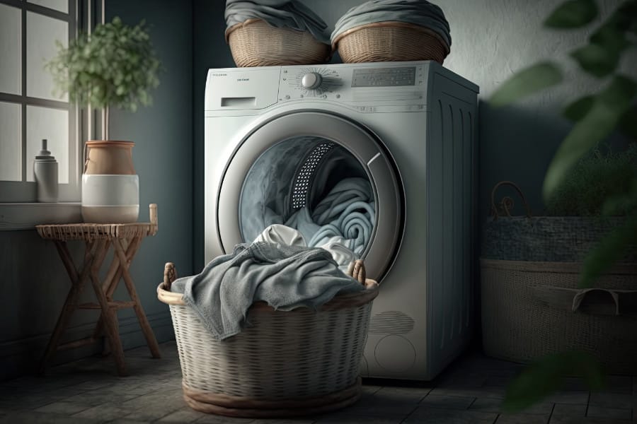 Waschraum mit einer Waschmaschine und Wäsche